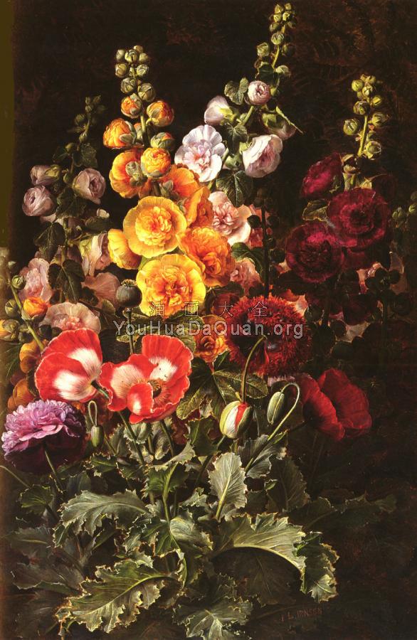 A Still Life Of Hollyhocks And Poppies - 约翰·劳伦茨·延森